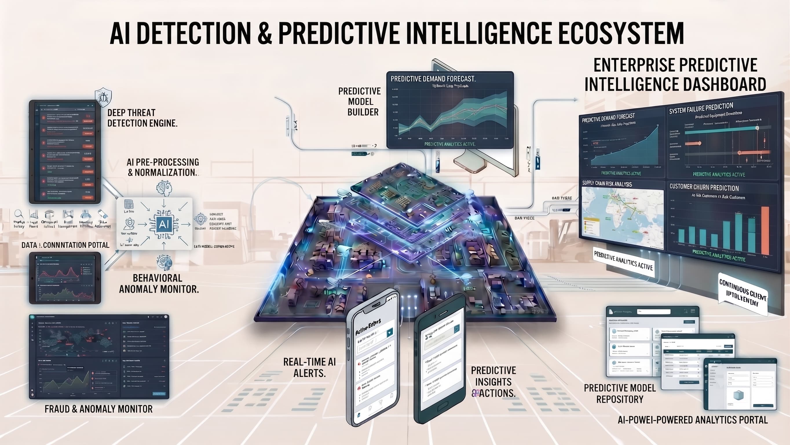 An AI detection and predictive intelligence ecosystem: threat and anomaly monitors feeding AI pre-processing, a predictive model builder, real-time alerts on mobile, and an enterprise dashboard showing demand forecasting, failure prediction, supply chain risk and churn.