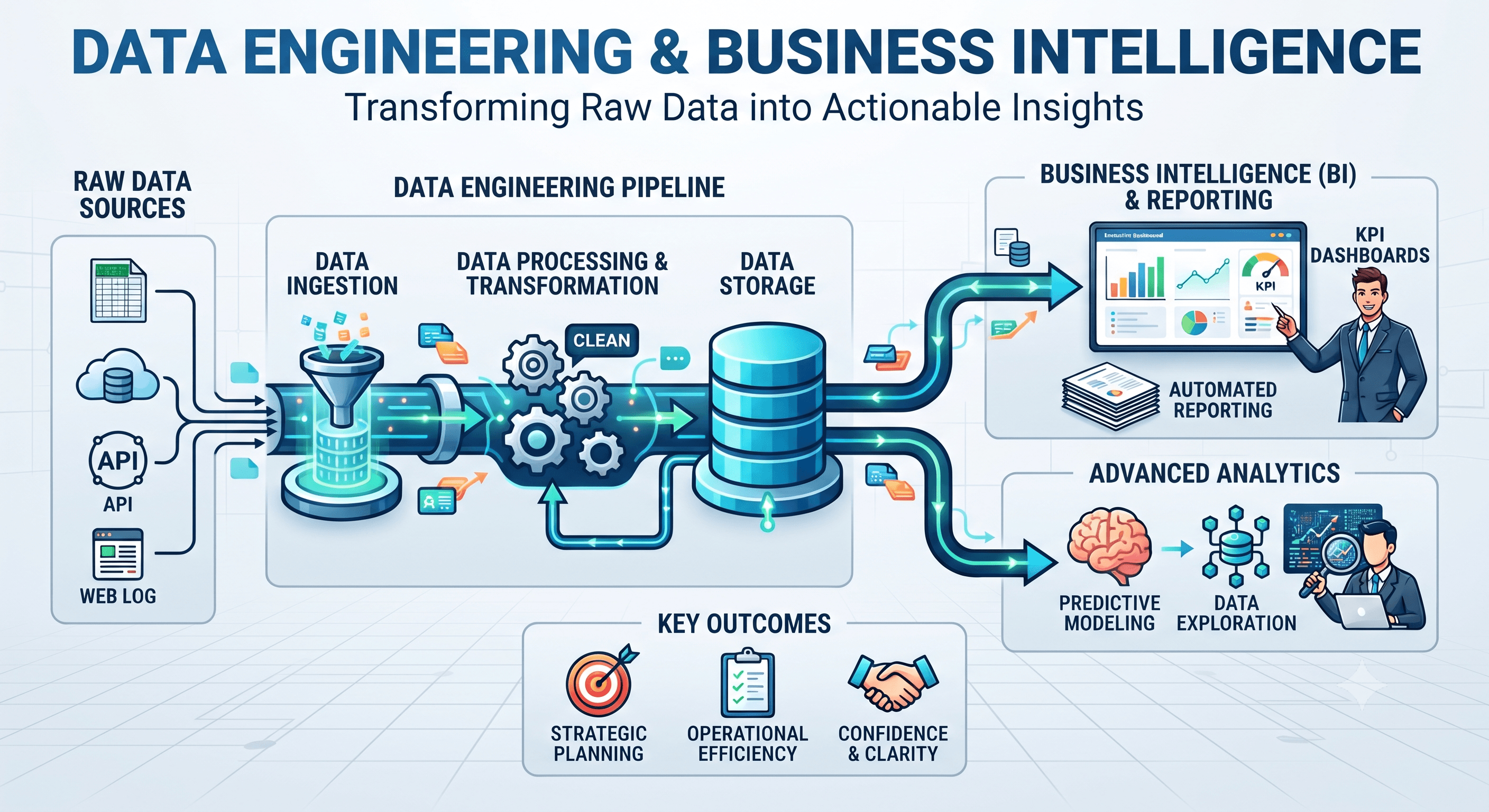Raw data sources (files, cloud, API, web logs) feeding a data engineering pipeline of ingestion, processing and transformation, then storage, which feeds KPI dashboards and automated reporting on one side and predictive modelling and data exploration on the other.
