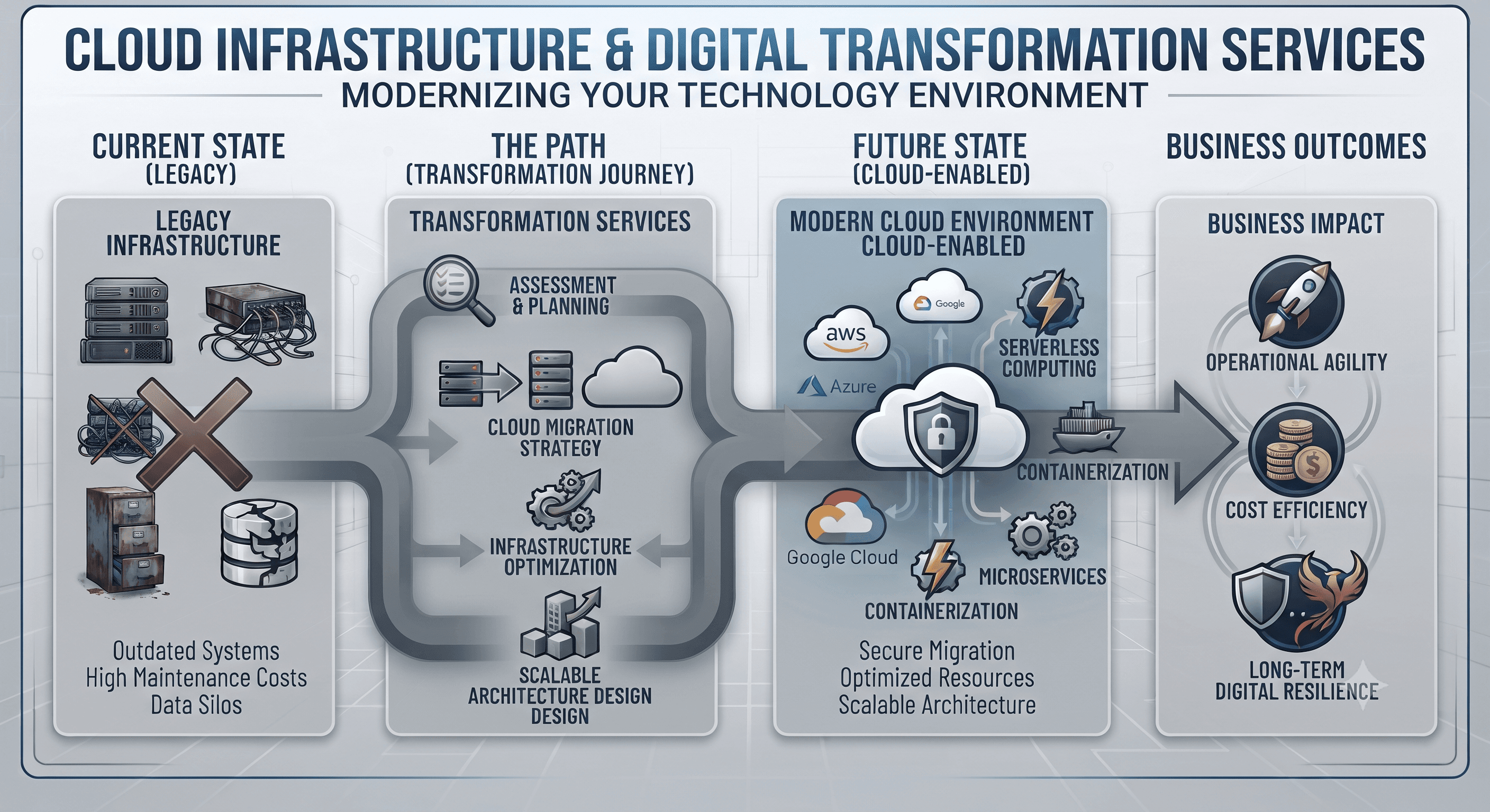 Legacy infrastructure with outdated systems, high maintenance costs and data silos, moving through assessment and planning, migration strategy, infrastructure optimisation and scalable architecture design into a modern cloud environment, and ending in operational agility, cost efficiency and long-term digital resilience.