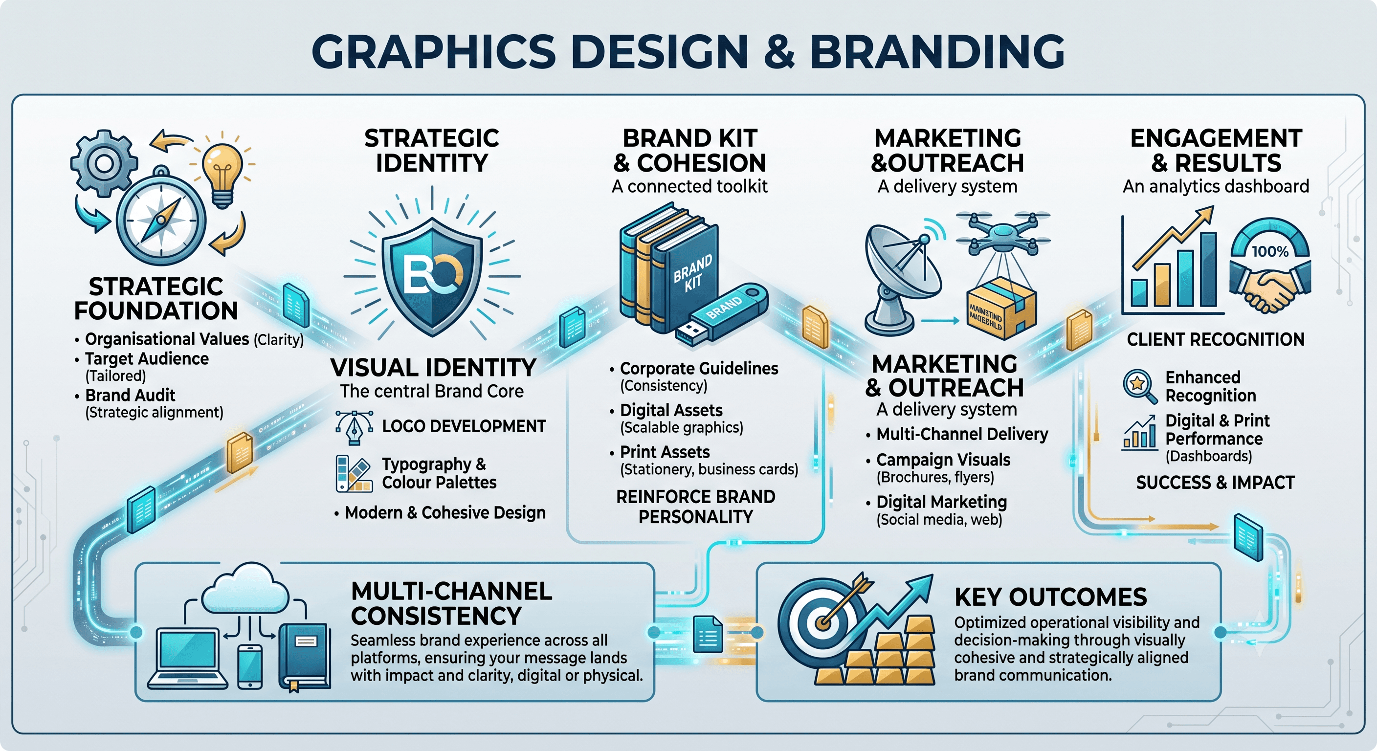 Strategic foundation of values, audience and brand audit, leading to a visual identity of logo, typography and colour, then a brand kit of corporate guidelines and digital and print assets, applied across marketing and outreach, and measured by recognition and multi-channel consistency.