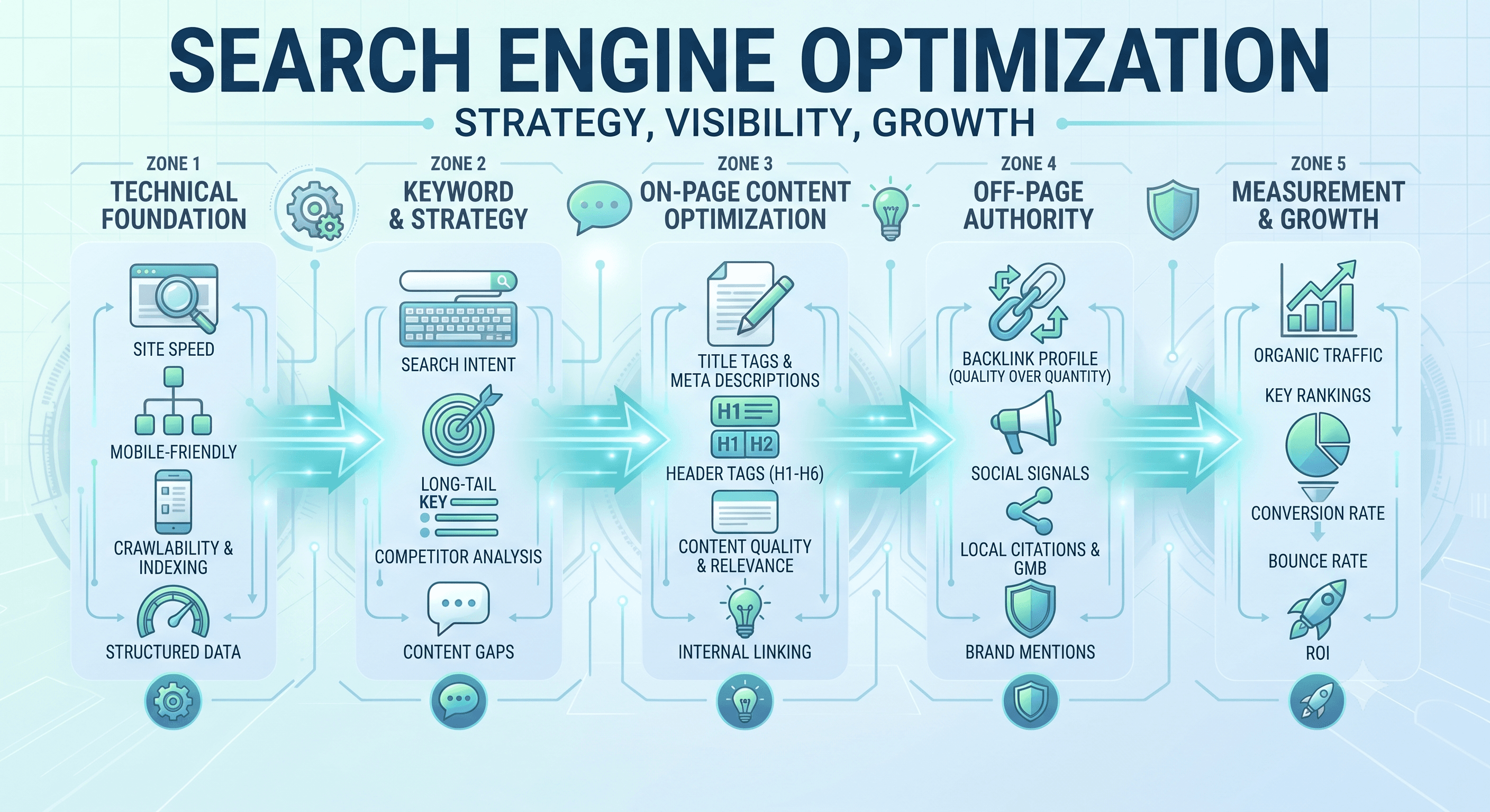 Five zones of search optimisation: technical foundation (site speed, mobile, crawlability, structured data), keyword and strategy, on-page content optimisation, off-page authority, and measurement and growth.