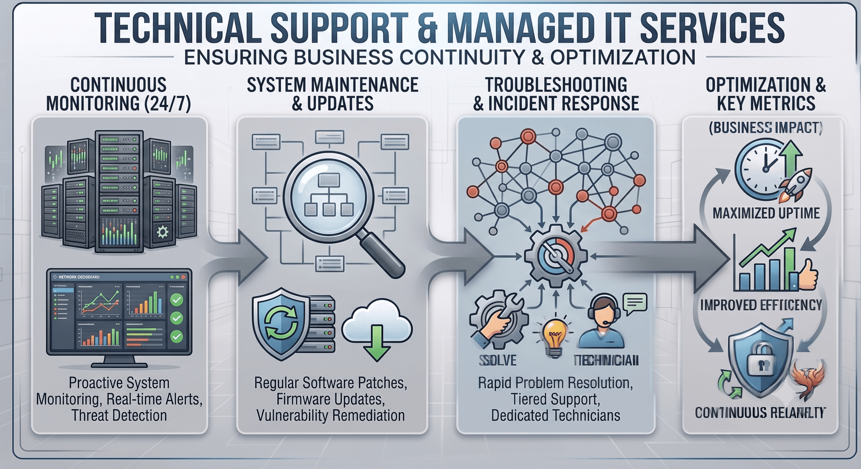 Continuous 24/7 monitoring with proactive alerts and threat detection, feeding system maintenance and updates, then troubleshooting and incident response with tiered support, ending in maximised uptime, improved efficiency and continuous reliability.