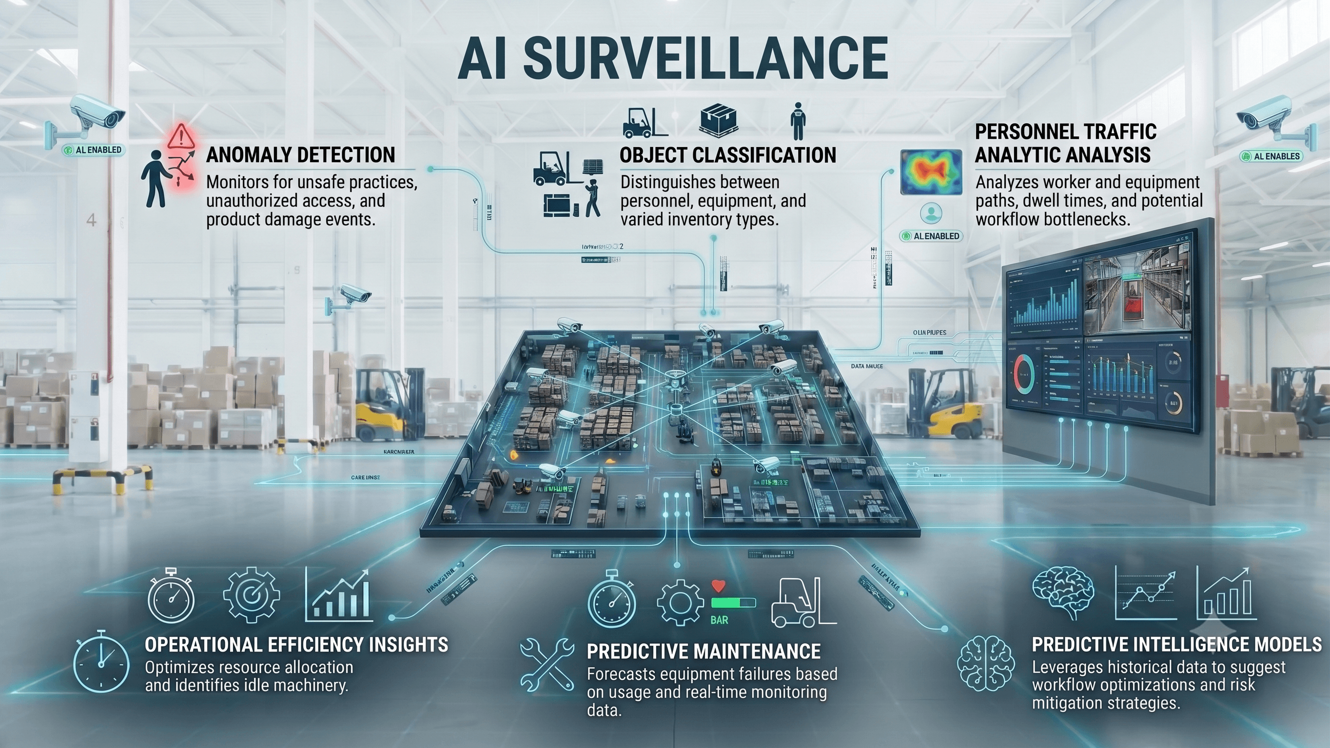 A warehouse under AI surveillance, with anomaly detection, object classification, personnel traffic analysis, operational efficiency insights and predictive models running off the camera feeds.